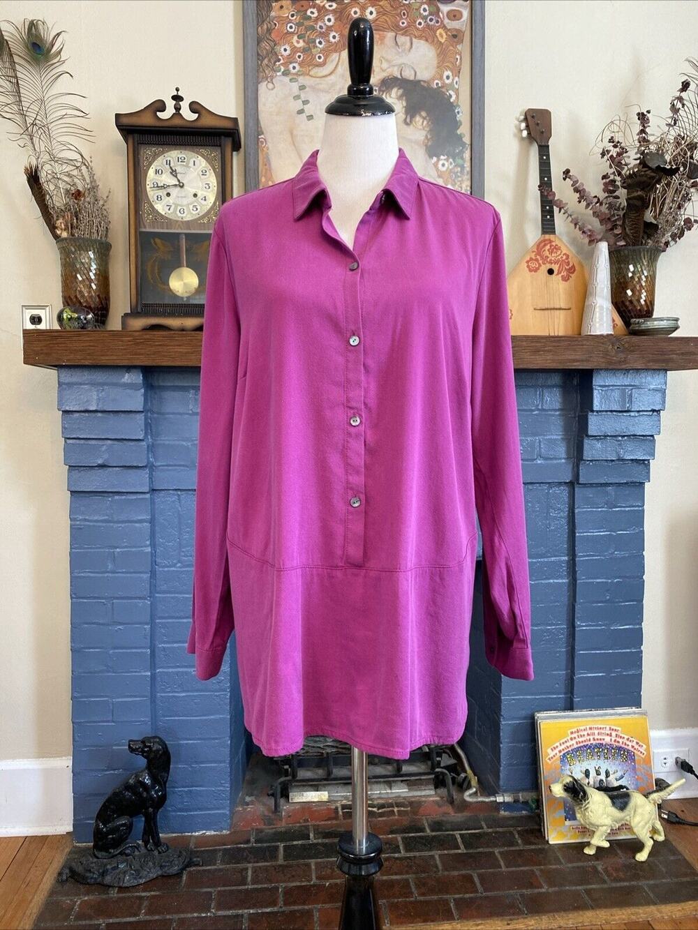 J Jill Fuchsia Pink Popover Blouse Size L Button Front Lycocell Rayon Top Tunic
